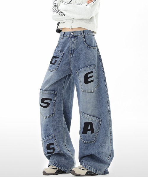 AsaAura(アサオーラ)の「ロゴポケットカーブデニムパンツメンズ人気(デニムパンツ・メンズ・サックスブルー・M/XL/L)」の2枚目の写真