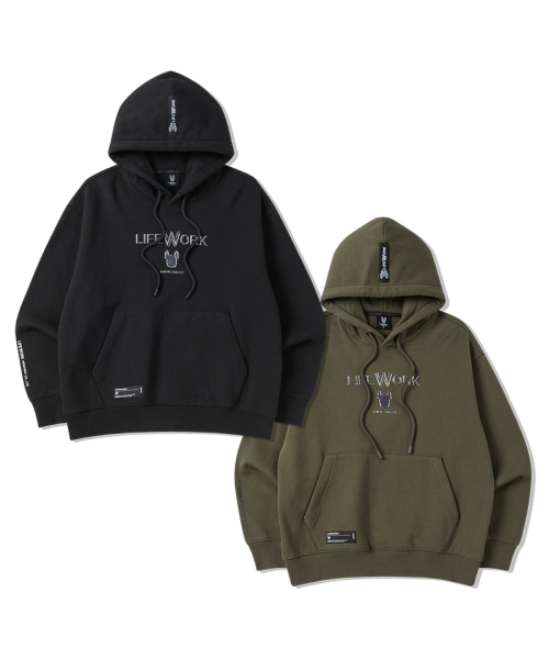 LIFE WORK（ライフワーク）の「シルバーロゴオーバーサイズ起毛フードパーカー（パーカー・メンズ・カーキ/ブラック・MEDIUM/LARGE）」の3枚目の写真