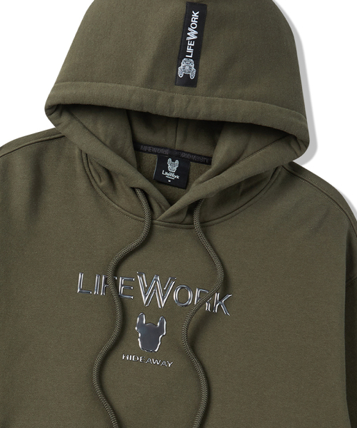 LIFE WORK（ライフワーク）の「シルバーロゴオーバーサイズ起毛フードパーカー（パーカー・メンズ・カーキ/ブラック・MEDIUM/LARGE）」の4枚目の写真