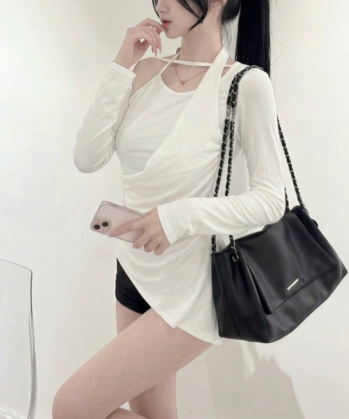 VIVID LADY(ビビッドレディー)の「アシンメトリードレープ 長袖トップス(Tシャツ/カットソー・レディース・アイボリー/チャコールグレー/ブラック・FREE)」の6枚目の写真