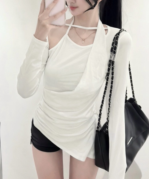 VIVID LADY(ビビッドレディー)の「アシンメトリードレープ 長袖トップス(Tシャツ/カットソー・レディース・アイボリー/チャコールグレー/ブラック・FREE)」の7枚目の写真