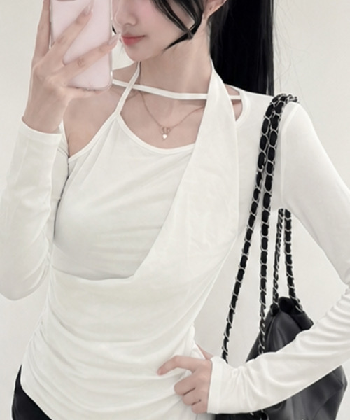 VIVID LADY(ビビッドレディー)の「アシンメトリードレープ 長袖トップス(Tシャツ/カットソー・レディース・アイボリー/チャコールグレー/ブラック・FREE)」の8枚目の写真