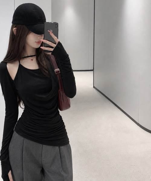VIVID LADY(ビビッドレディー)の「アシンメトリードレープ 長袖トップス(Tシャツ/カットソー・レディース・アイボリー/チャコールグレー/ブラック・FREE)」の9枚目の写真