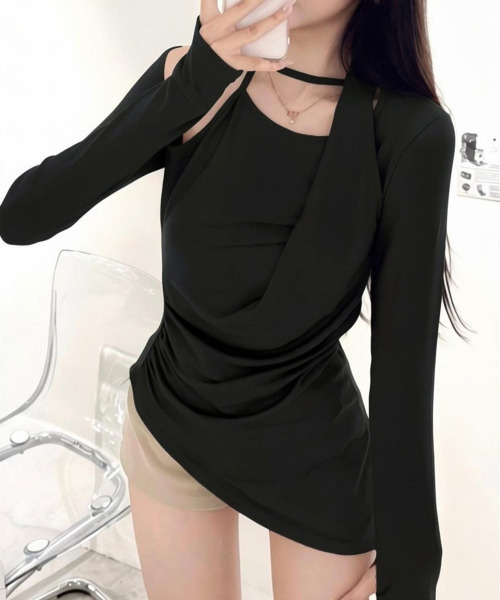VIVID LADY(ビビッドレディー)の「アシンメトリードレープ 長袖トップス(Tシャツ/カットソー・レディース・アイボリー/チャコールグレー/ブラック・FREE)」の12枚目の写真