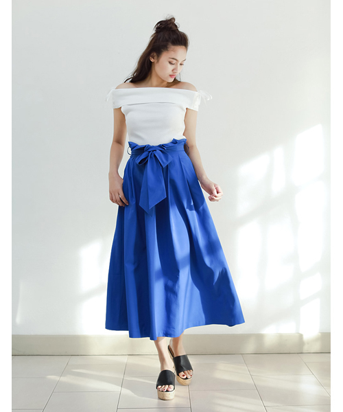 Re:EDIT（リエディ）の「[長めのレングスで上品に。]ウエストリボンロング丈フレアスカートボトムス/スカート/膝丈・ミモレ丈（51～65cm）[リエディ]（スカート・レディース・レッド/ストライプ/ベージュ/マスタード/ブラック系その他/ブルー・SMALL/LARGE/MEDIUM）」の15枚目の写真