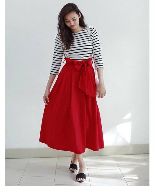 Re:EDIT（リエディ）の「[長めのレングスで上品に。]ウエストリボンロング丈フレアスカートボトムス/スカート/膝丈・ミモレ丈（51～65cm）[リエディ]（スカート・レディース・レッド/ストライプ/ベージュ/マスタード/ブラック系その他/ブルー・SMALL/LARGE/MEDIUM）」の12枚目の写真