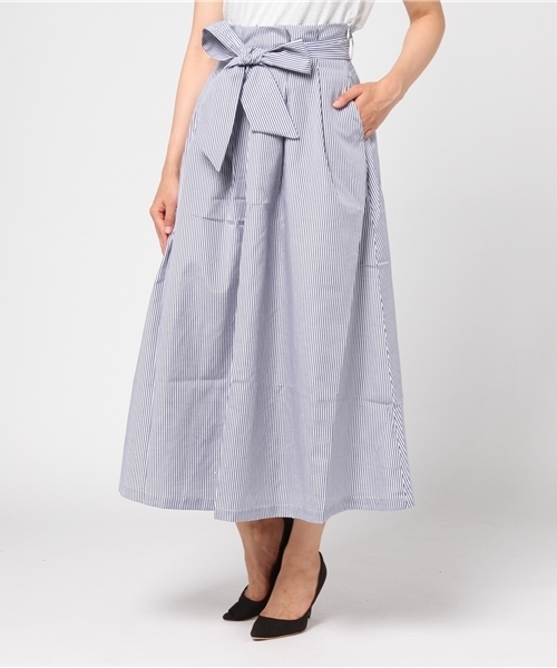 Re:EDIT（リエディ）の「[長めのレングスで上品に。]ウエストリボンロング丈フレアスカートボトムス/スカート/膝丈・ミモレ丈（51～65cm）[リエディ]（スカート・レディース・レッド/ストライプ/ベージュ/マスタード/ブラック系その他/ブルー・SMALL/LARGE/MEDIUM）」の6枚目の写真