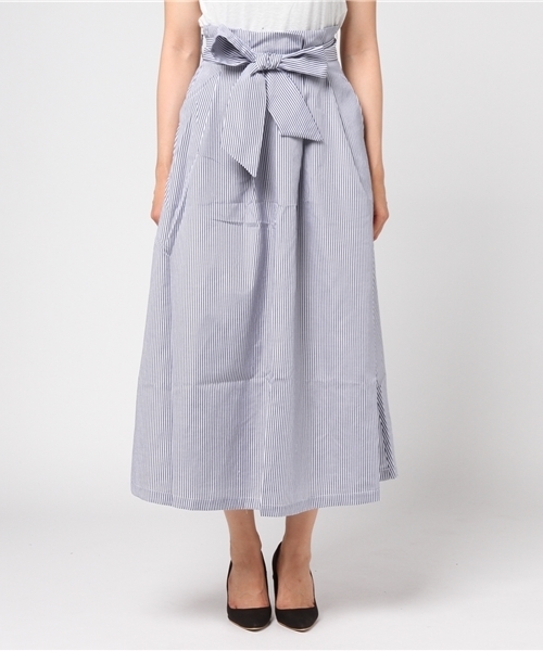 Re:EDIT（リエディ）の「[長めのレングスで上品に。]ウエストリボンロング丈フレアスカートボトムス/スカート/膝丈・ミモレ丈（51～65cm）[リエディ]（スカート・レディース・レッド/ストライプ/ベージュ/マスタード/ブラック系その他/ブルー・SMALL/LARGE/MEDIUM）」の7枚目の写真