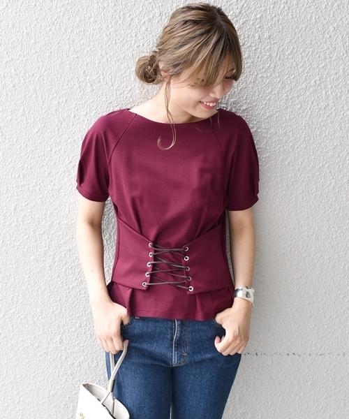 Khaju（カージュ）の「Khaju:コルセットTEE（Tシャツ/カットソー・レディース・カーキ/ワイン・ONE SIZE）」の2枚目の写真