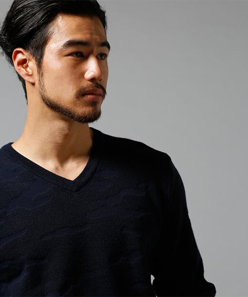 AZUL by moussy（アズールバイマウジー）の「シャドーカモニットVネック長袖プルオーバー（ニット/セーター・メンズ・ブラック/インディゴブルー/グレー・LARGE/MEDIUM/SMALL/X-LARGE/X-SMALL）」の18枚目の写真