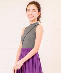 ハイネックノースリーブシンプルリブニットトップス