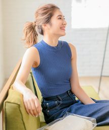 ハイネックノースリーブシンプルリブニットトップス