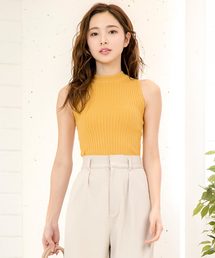 ハイネックノースリーブシンプルリブニットトップス
