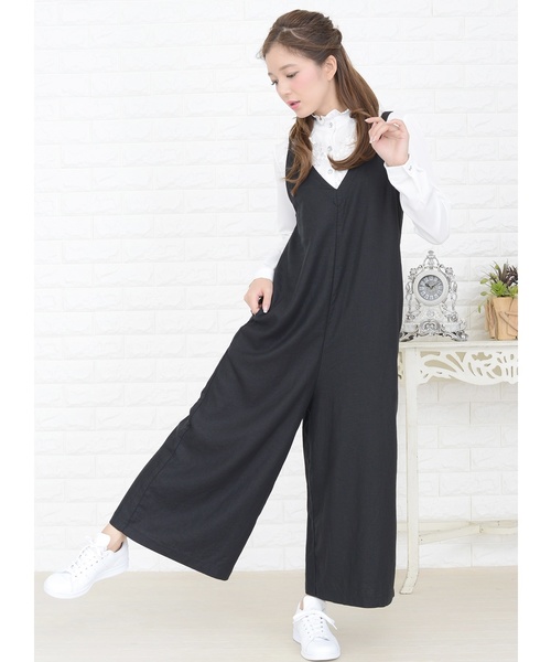 ハイウエストVネックオールインワンワイドパンツ Vネックワイドパンツサロペット オールインワン・パンツ（つなぎ
