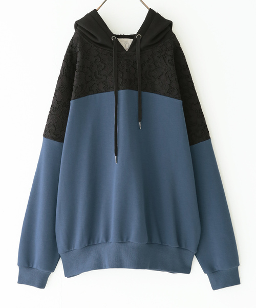 n'OrLABEL（ノアールレーベル）の「『レース×配色デザインパーカー』（パーカー・レディース・アイボリー/モカ/グレイッシュブルー/ブラック/ボルドー/ブルーパープル・FREE）」の5枚目の写真