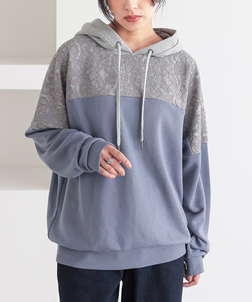 n'OrLABEL（ノアールレーベル）の「『レース×配色デザインパーカー』（パーカー・レディース・アイボリー/モカ/グレイッシュブルー/ブラック/ボルドー/ブルーパープル・FREE）」の6枚目の写真
