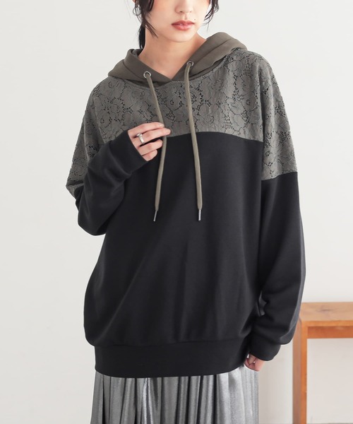 n'OrLABEL（ノアールレーベル）の「『レース×配色デザインパーカー』（パーカー・レディース・アイボリー/モカ/グレイッシュブルー/ブラック/ボルドー/ブルーパープル・FREE）」の3枚目の写真