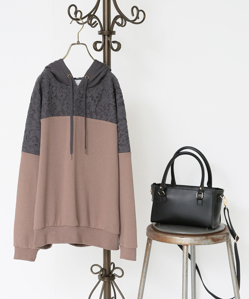 n'OrLABEL（ノアールレーベル）の「『レース×配色デザインパーカー』（パーカー・レディース・アイボリー/モカ/グレイッシュブルー/ブラック/ボルドー/ブルーパープル・FREE）」の13枚目の写真