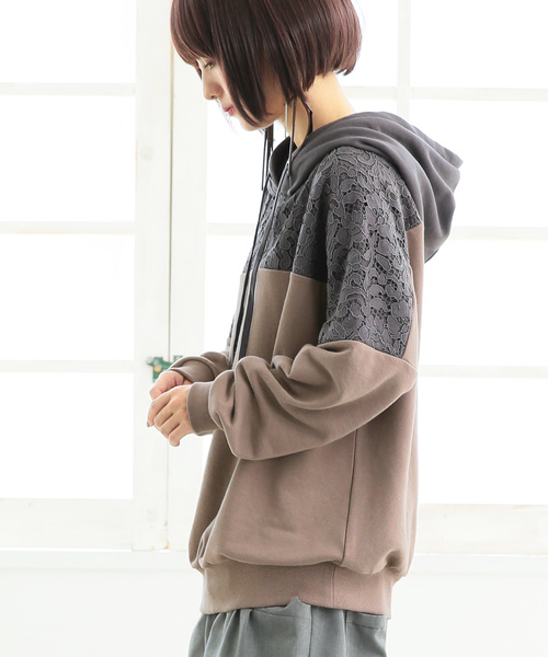 n'OrLABEL（ノアールレーベル）の「『レース×配色デザインパーカー』（パーカー・レディース・アイボリー/モカ/グレイッシュブルー/ブラック/ボルドー/ブルーパープル・FREE）」の12枚目の写真