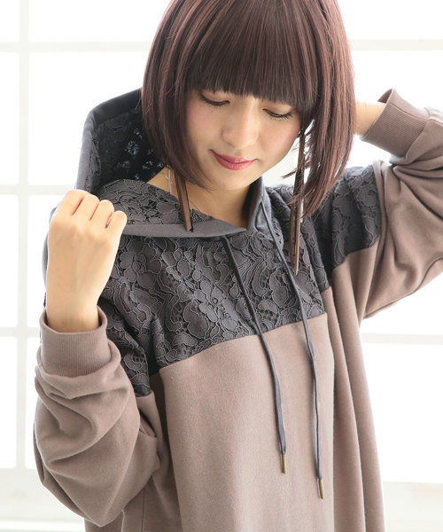 n'OrLABEL（ノアールレーベル）の「『レース×配色デザインパーカー』（パーカー・レディース・アイボリー/モカ/グレイッシュブルー/ブラック/ボルドー/ブルーパープル・FREE）」の8枚目の写真