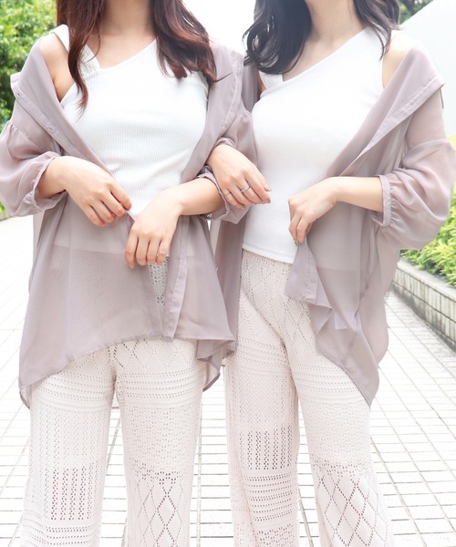 PairPair（ペアペア）の「アシメリブタンク付シアーシャツ（シャツ/ブラウス・レディース・ミント/ライトベージュ/ラベンダー/オフホワイト・FREE）」の4枚目の写真