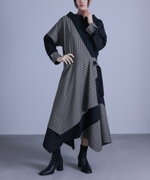 『無地×ストライプ切替デザインアシメワンピース』