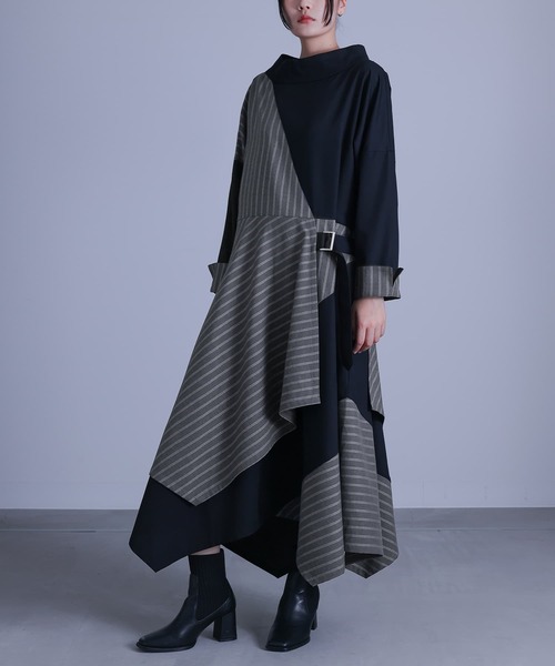 kOhAKU（コハク）の「『無地×ストライプ切替デザインアシメワンピース』（ワンピース・レディース・ブラック・FREE）」の2枚目の写真
