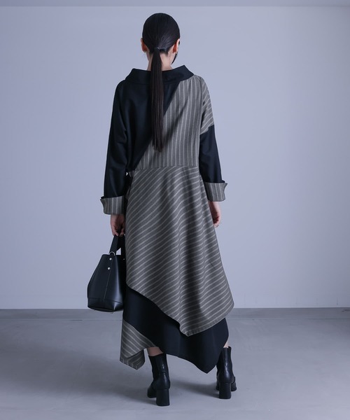 kOhAKU（コハク）の「『無地×ストライプ切替デザインアシメワンピース』（ワンピース・レディース・ブラック・FREE）」の6枚目の写真