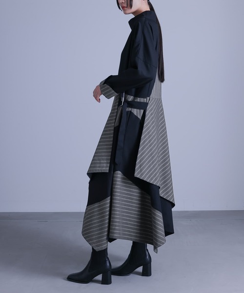 kOhAKU（コハク）の「『無地×ストライプ切替デザインアシメワンピース』（ワンピース・レディース・ブラック・FREE）」の3枚目の写真