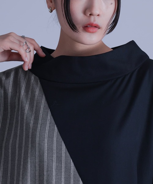 kOhAKU（コハク）の「『無地×ストライプ切替デザインアシメワンピース』（ワンピース・レディース・ブラック・FREE）」の9枚目の写真