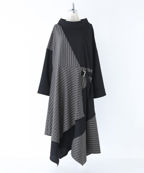 kOhAKU（コハク）の「『無地×ストライプ切替デザインアシメワンピース』（ワンピース・レディース・ブラック・FREE）」の14枚目の写真