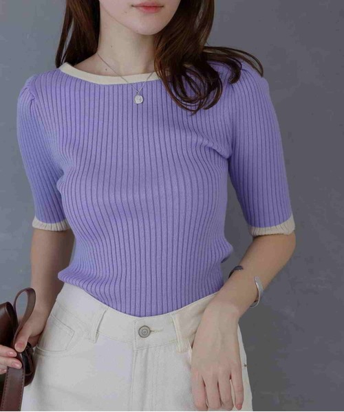 acro（アクロ）の「5分袖ベーシック配色リブニット/AC1132（Tシャツ/カットソー・レディース・ブラック/グリーン/ブルー/グレー/イエロー/ベージュ/オレンジ/ホワイト/カーキ/ブラウン/パープル・ﾌﾘ-）」の9枚目の写真