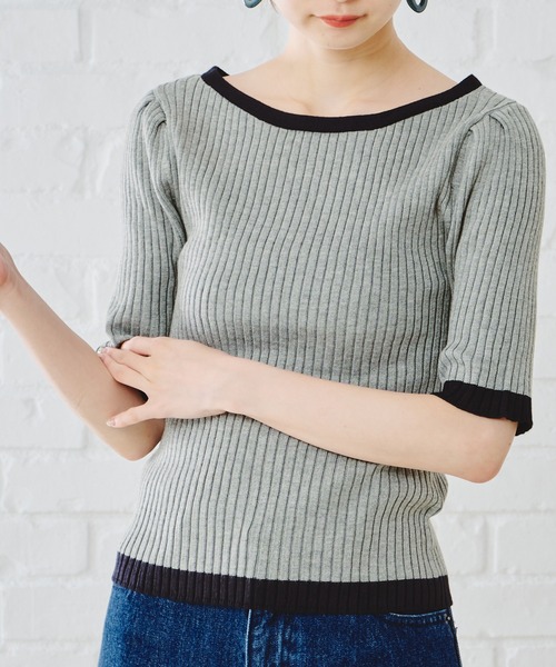 acro（アクロ）の「5分袖ベーシック配色リブニット/AC1132（Tシャツ/カットソー・レディース・ブラック/グリーン/ブルー/グレー/イエロー/ベージュ/オレンジ/ホワイト/カーキ/ブラウン/パープル・ﾌﾘ-）」の4枚目の写真