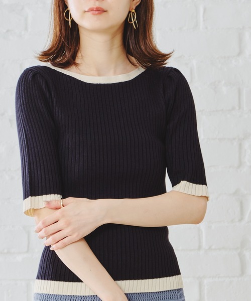 acro（アクロ）の「5分袖ベーシック配色リブニット/AC1132（Tシャツ/カットソー・レディース・ブラック/グリーン/ブルー/グレー/イエロー/ベージュ/オレンジ/ホワイト/カーキ/ブラウン/パープル・ﾌﾘ-）」の3枚目の写真