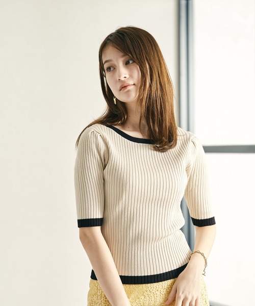 acro（アクロ）の「5分袖ベーシック配色リブニット/AC1132（Tシャツ/カットソー・レディース・ブラック/グリーン/ブルー/グレー/イエロー/ベージュ/オレンジ/ホワイト/カーキ/ブラウン/パープル・ﾌﾘ-）」の14枚目の写真