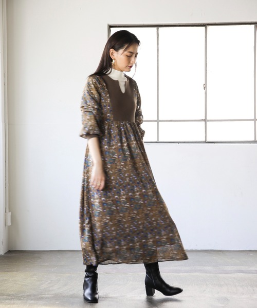 ENNEA（エンネア）の「【2021A/W】カフスタン・ジョーゼットペイズリーレトロプリント・ニット切り替えロングワンピース（ワンピース・レディース・ブラック/グリーン/キャメル・38）」の3枚目の写真