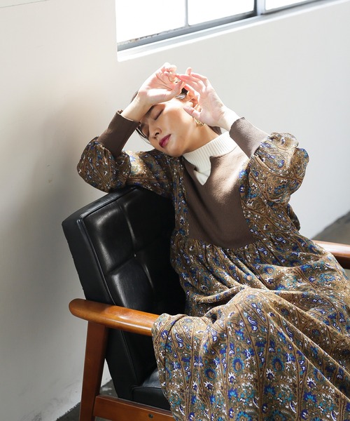 ENNEA（エンネア）の「【2021A/W】カフスタン・ジョーゼットペイズリーレトロプリント・ニット切り替えロングワンピース（ワンピース・レディース・ブラック/グリーン/キャメル・38）」の13枚目の写真