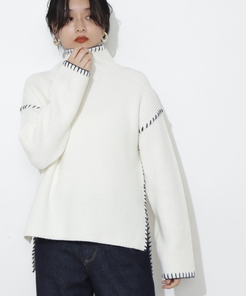 NATURAL BEAUTY BASIC（ナチュラルビューティーベーシック）の「ハンドステッチニット（ニット/セーター・レディース・オフホワイト/キャメル/ライトグリーン・MEDIUM）」の2枚目の写真