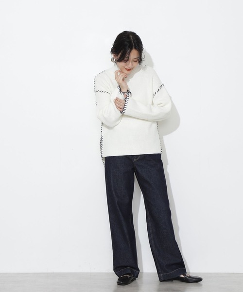 NATURAL BEAUTY BASIC（ナチュラルビューティーベーシック）の「ハンドステッチニット（ニット/セーター・レディース・オフホワイト/キャメル/ライトグリーン・MEDIUM）」の4枚目の写真