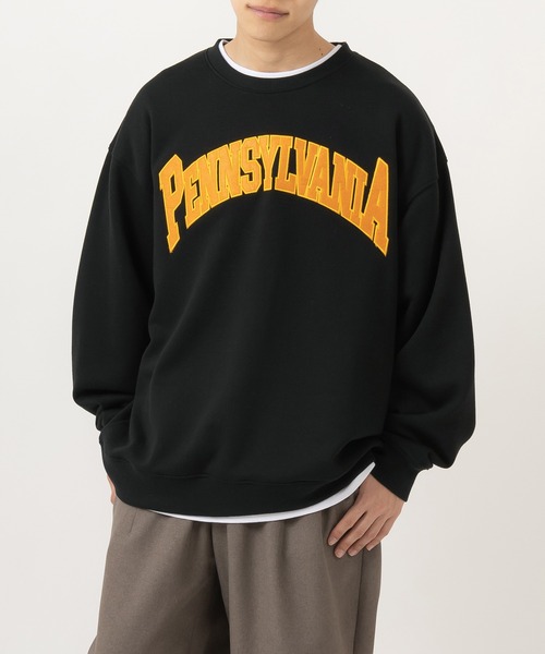 SlashDate(スラッシュデイト)の「カレッジロゴアップリケ刺繍スウェット/ビッグシルエット/裏起毛(スウェット・メンズ・アッシュグレー/ブラック/グリーン/ブルーグレー・M/L/XL)」の2枚目の写真