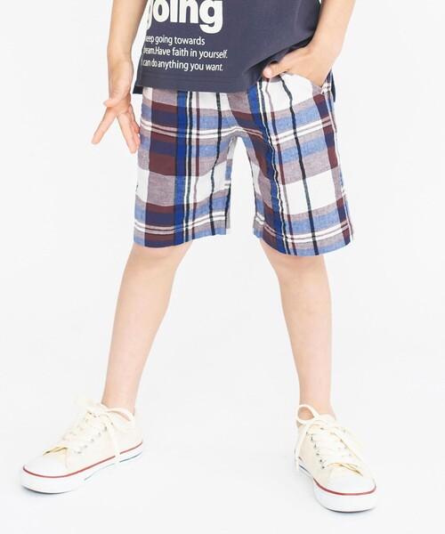 BRANSHES（ブランシェス）の「【きれいめワイドチェック】ハーフパンツ（その他パンツ・キッズ・ブラウン/グリーン/ブルー・110/120/130/150/90/140/100）」の2枚目の写真