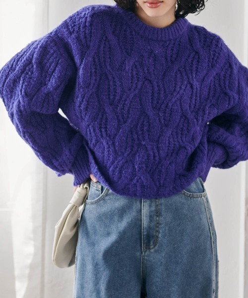 RANAN（ラナン）の「ふんわりタッチクロップド丈ケーブルニット（ニット/セーター・レディース・ブルー/アイボリー/マスタード/チャコール/グリーン/ピンク系1・LL/M/L）」の20枚目の写真