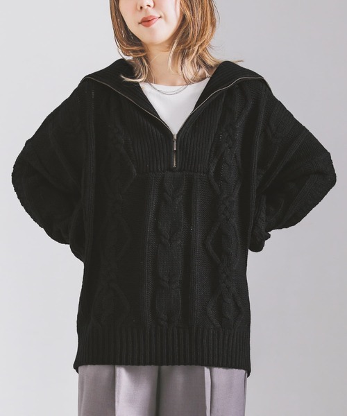 osharewalker（オシャレウォーカー）の「『ハーフジップデザインケーブルニット』（ニット/セーター・レディース・オフホワイト/グリーン/パープル/ブラック/テラコッタ/イエロー・FREE）」の3枚目の写真