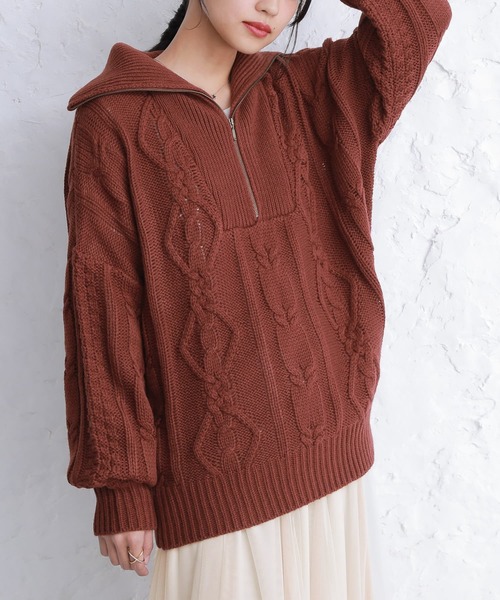 osharewalker（オシャレウォーカー）の「『ハーフジップデザインケーブルニット』（ニット/セーター・レディース・オフホワイト/グリーン/パープル/ブラック/テラコッタ/イエロー・FREE）」の7枚目の写真