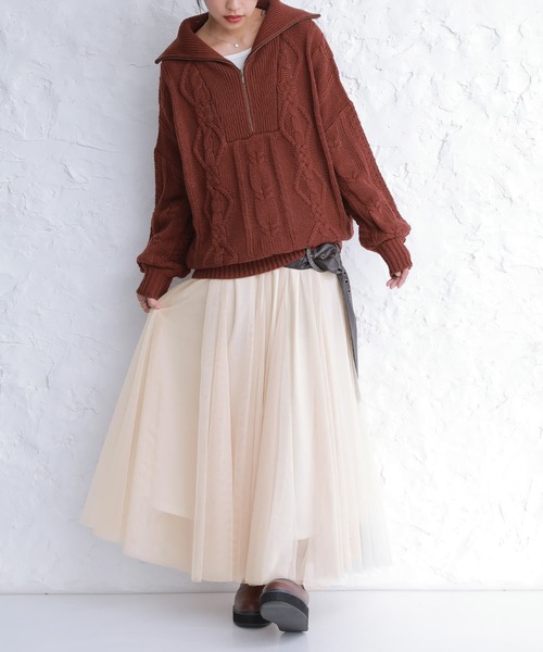 osharewalker（オシャレウォーカー）の「『ハーフジップデザインケーブルニット』（ニット/セーター・レディース・オフホワイト/グリーン/パープル/ブラック/テラコッタ/イエロー・FREE）」の8枚目の写真