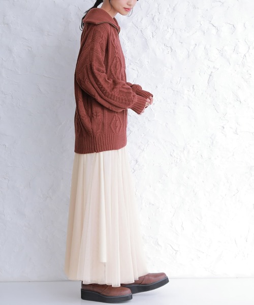 osharewalker（オシャレウォーカー）の「『ハーフジップデザインケーブルニット』（ニット/セーター・レディース・オフホワイト/グリーン/パープル/ブラック/テラコッタ/イエロー・FREE）」の9枚目の写真