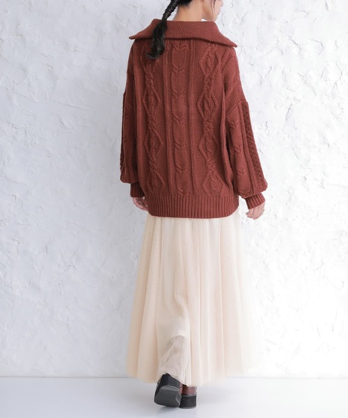 osharewalker（オシャレウォーカー）の「『ハーフジップデザインケーブルニット』（ニット/セーター・レディース・オフホワイト/グリーン/パープル/ブラック/テラコッタ/イエロー・FREE）」の10枚目の写真