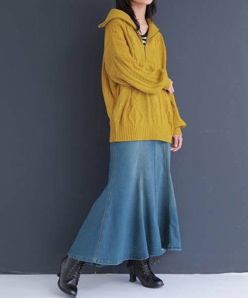 osharewalker（オシャレウォーカー）の「『ハーフジップデザインケーブルニット』（ニット/セーター・レディース・オフホワイト/グリーン/パープル/ブラック/テラコッタ/イエロー・FREE）」の12枚目の写真