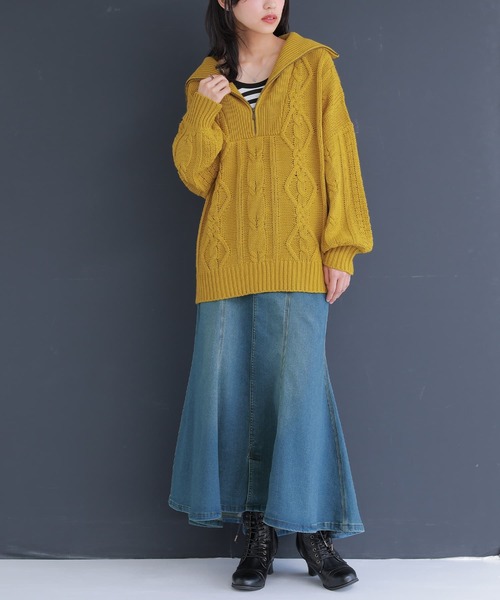 osharewalker（オシャレウォーカー）の「『ハーフジップデザインケーブルニット』（ニット/セーター・レディース・オフホワイト/グリーン/パープル/ブラック/テラコッタ/イエロー・FREE）」の13枚目の写真