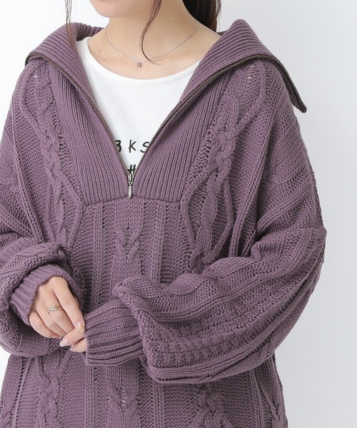 osharewalker（オシャレウォーカー）の「『ハーフジップデザインケーブルニット』（ニット/セーター・レディース・オフホワイト/グリーン/パープル/ブラック/テラコッタ/イエロー・FREE）」の14枚目の写真